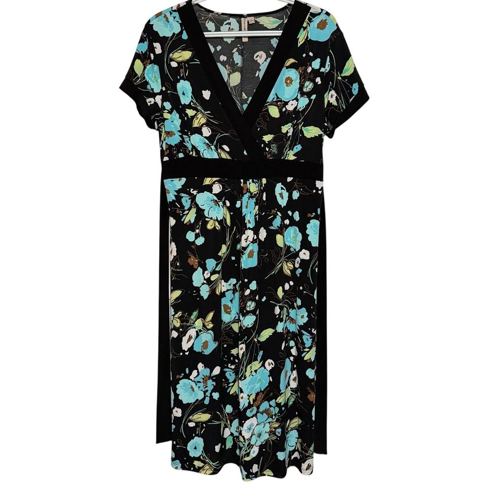 Susan Lawrence Women's Black Teal Lime Cap Sleeve V-Neck Dress Size L